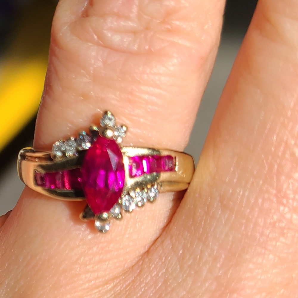 10k yellow gold diamond cocktail ring marquise-cut center ruby baguette-cut 5